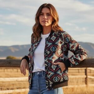 Rock and Roll Denim Southwestern Geometric Print Bomber Jacket‎ Women's Size M